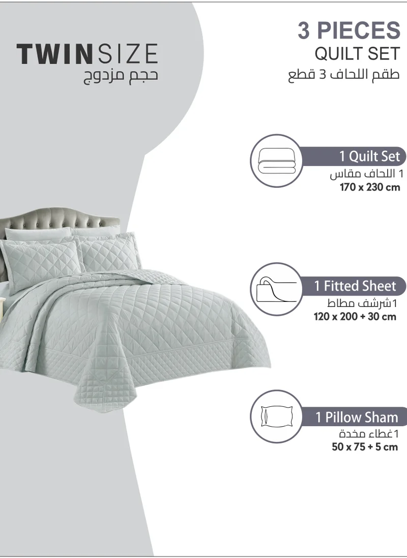 Donetella Quilt Set 3-Pcs Single Size Reversible Bedspread Coverlet Set Bed Fits(120 X 200 Cm), Compressed Comforter Soft Bedding Cover With Matching Fitted Sheet Pillow Shams Pillow Cases,Grey