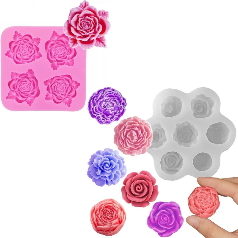 Skytail 2 Pack Rose Peony Flower Silicone Candle Moulds Chocolate Fondant Cake Decoration Candy Cupcake Topper Jelly Dessert Ice Cube Wax Soap Bath Bomb Floral Carnation Clay Resin Craft Jewelry Molds