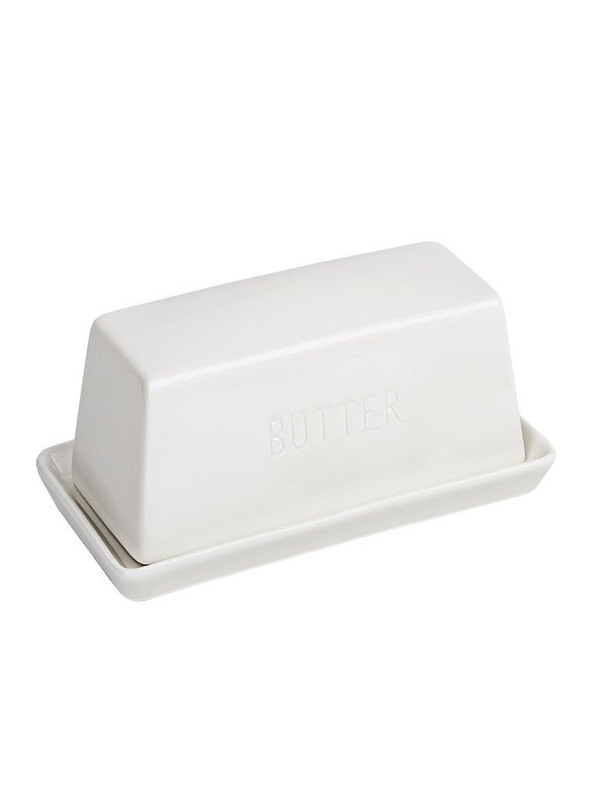 HillSpring Ceramic Butter Dish with Lid, Farmhouse Butter Keeper Tray with Embossed Lettering for Countertop or Refrigerator, Microwave & Dishwasher Safe, White, 7.5x3.7x2.7 Inches - Image 1