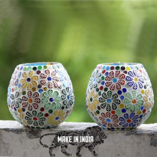 Brahmz Glass Mosaic Candle Holder Set of 2 | U-Shape Tea Light Holders for Home Décor, Festive Lighting & Romantic Ambience | Premium Glass Votive Gift Set - Image 2