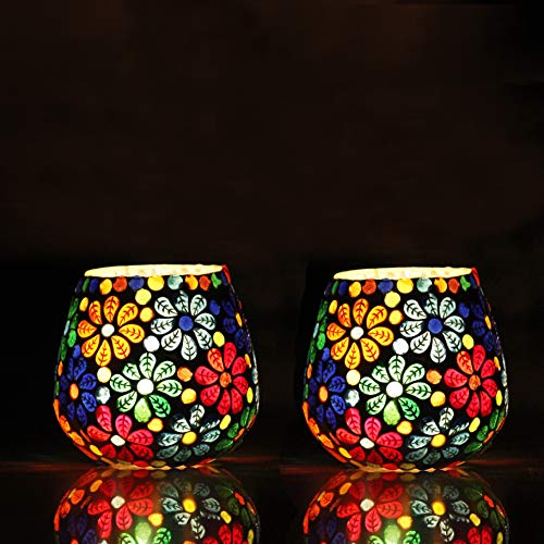 Brahmz Glass Mosaic Candle Holder Set of 2 | U-Shape Tea Light Holders for Home Décor, Festive Lighting & Romantic Ambience | Premium Glass Votive Gift Set - Image 1