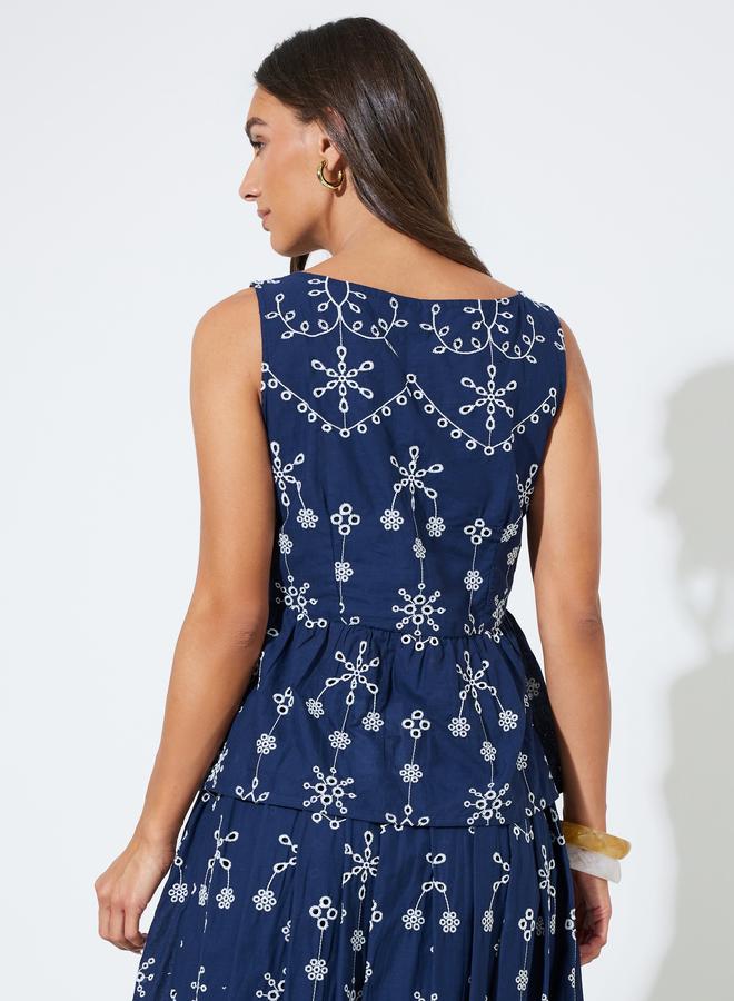 Styli Navy Blue Schiffli Details Sleeveless Peplum Blouse - Image 4