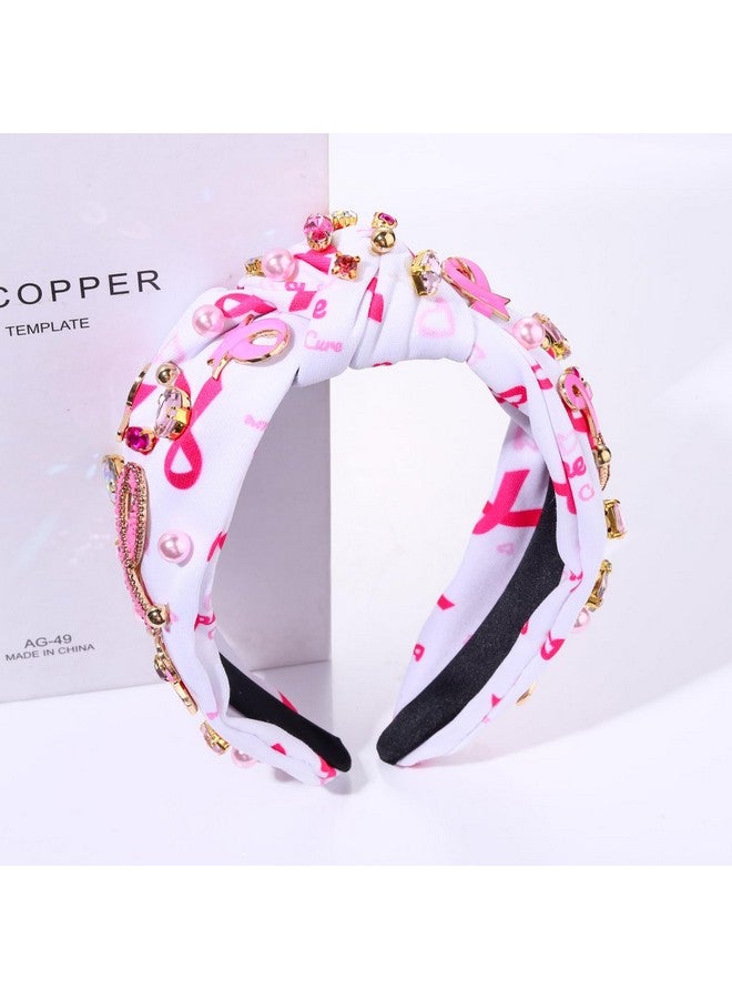 سيالكسهيني عصابة رأس بشريط وردي للنساء للتوعية بسرطان الثدي عصابة رأس مرصعة باللؤلؤ الكريستالي مرصعة بالجواهر عصابة رأس عريضة بعقدة علوية إكسسوار شعر لسرطان الثدي (عصابة رأس بشريط وردي أ) - Image 5