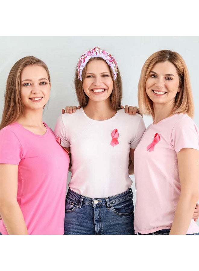 سيالكسهيني عصابة رأس بشريط وردي للنساء للتوعية بسرطان الثدي عصابة رأس مرصعة باللؤلؤ الكريستالي مرصعة بالجواهر عصابة رأس عريضة بعقدة علوية إكسسوار شعر لسرطان الثدي (عصابة رأس بشريط وردي أ) - Image 3