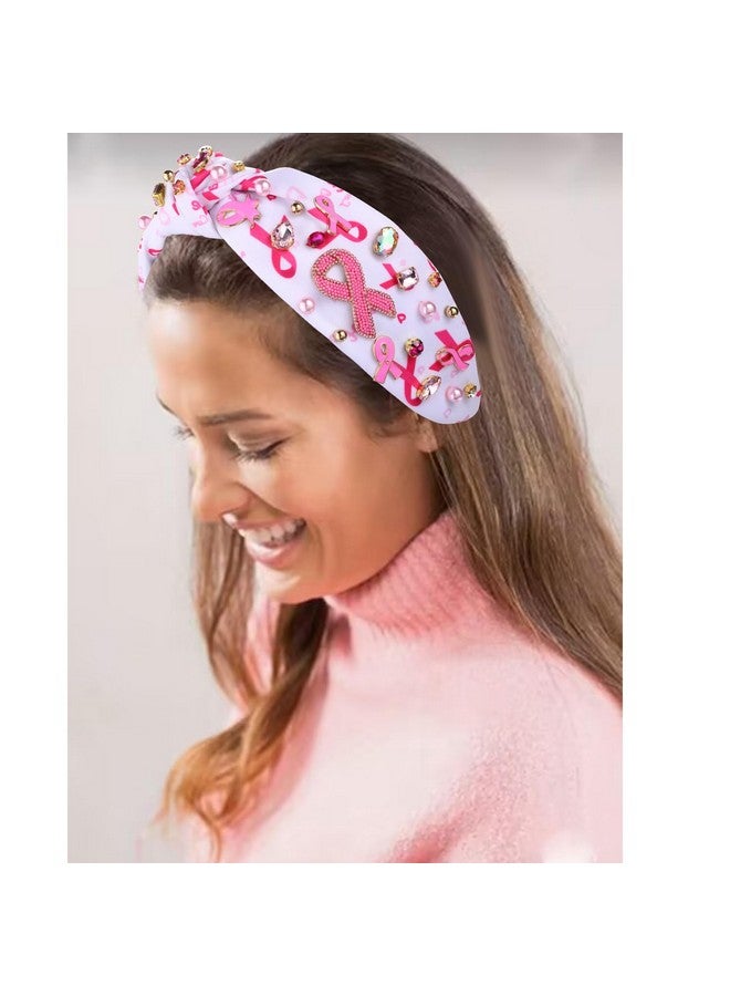 سيالكسهيني عصابة رأس بشريط وردي للنساء للتوعية بسرطان الثدي عصابة رأس مرصعة باللؤلؤ الكريستالي مرصعة بالجواهر عصابة رأس عريضة بعقدة علوية إكسسوار شعر لسرطان الثدي (عصابة رأس بشريط وردي أ) - Image 2