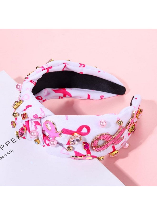 سيالكسهيني عصابة رأس بشريط وردي للنساء للتوعية بسرطان الثدي عصابة رأس مرصعة باللؤلؤ الكريستالي مرصعة بالجواهر عصابة رأس عريضة بعقدة علوية إكسسوار شعر لسرطان الثدي (عصابة رأس بشريط وردي أ) - Image 4