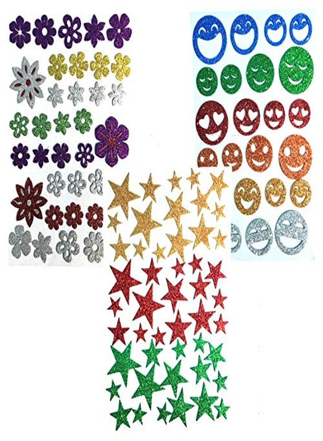 A'SHOP Glitter Foam Self Adhesive Stickers for Art & Craft for Kids - Set of 3 Sheets (Flowers, Stars & Smileys) - Image 1