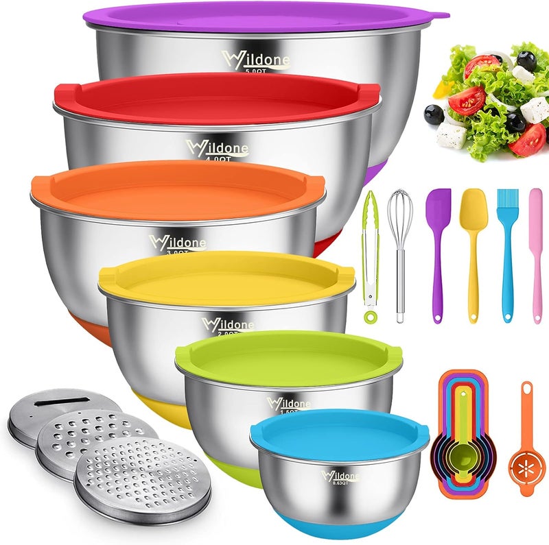 Wildone Mixing Bowls with Airtight Lids, 22 PCS Stainless Steel Mixing Bowls Set, 3 Grater Attachments, Measurement Marks & Non-Slip Bottom, Size 5, 4, 3, 2,1.5, 0.63QT, Ideal for Mixing & Prepping - Image 1