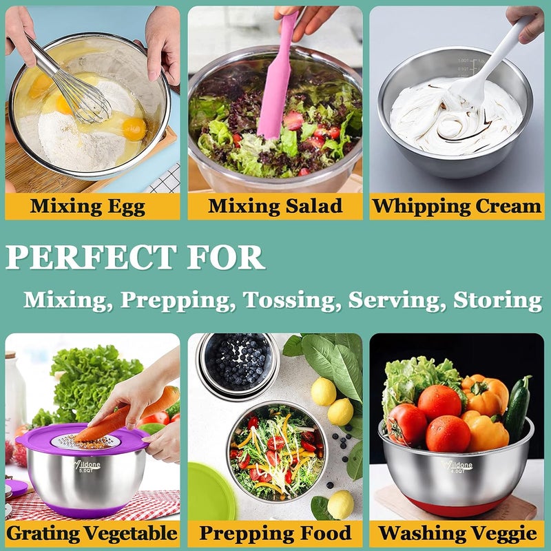 Wildone Mixing Bowls with Airtight Lids, 22 PCS Stainless Steel Mixing Bowls Set, 3 Grater Attachments, Measurement Marks & Non-Slip Bottom, Size 5, 4, 3, 2,1.5, 0.63QT, Ideal for Mixing & Prepping - Image 4