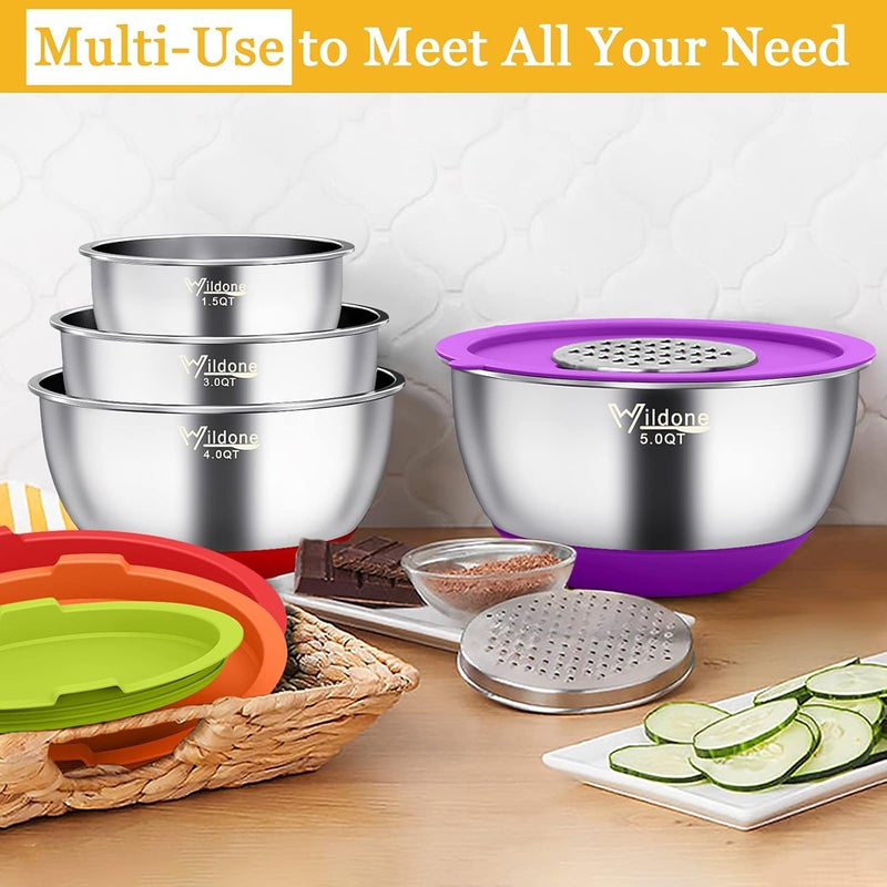 Wildone Mixing Bowls with Airtight Lids, 22 PCS Stainless Steel Mixing Bowls Set, 3 Grater Attachments, Measurement Marks & Non-Slip Bottom, Size 5, 4, 3, 2,1.5, 0.63QT, Ideal for Mixing & Prepping - Image 5