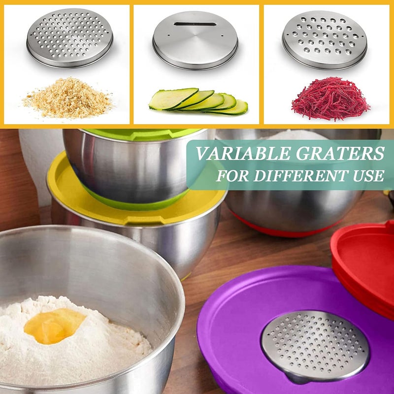 Wildone Mixing Bowls with Airtight Lids, 22 PCS Stainless Steel Mixing Bowls Set, 3 Grater Attachments, Measurement Marks & Non-Slip Bottom, Size 5, 4, 3, 2,1.5, 0.63QT, Ideal for Mixing & Prepping - Image 3