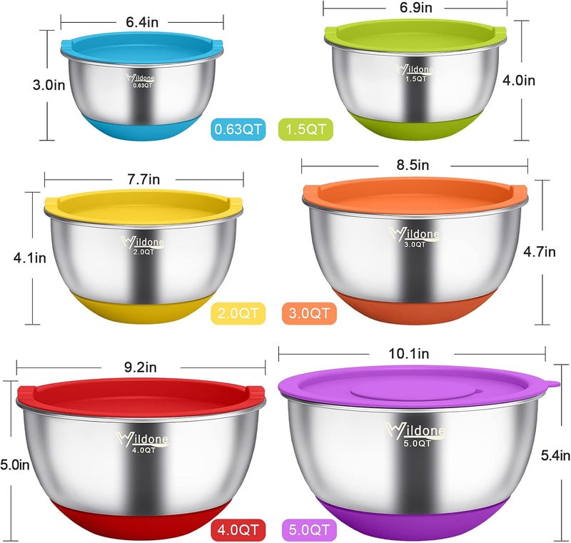 Wildone Mixing Bowls with Airtight Lids, 22 PCS Stainless Steel Mixing Bowls Set, 3 Grater Attachments, Measurement Marks & Non-Slip Bottom, Size 5, 4, 3, 2,1.5, 0.63QT, Ideal for Mixing & Prepping - Image 2