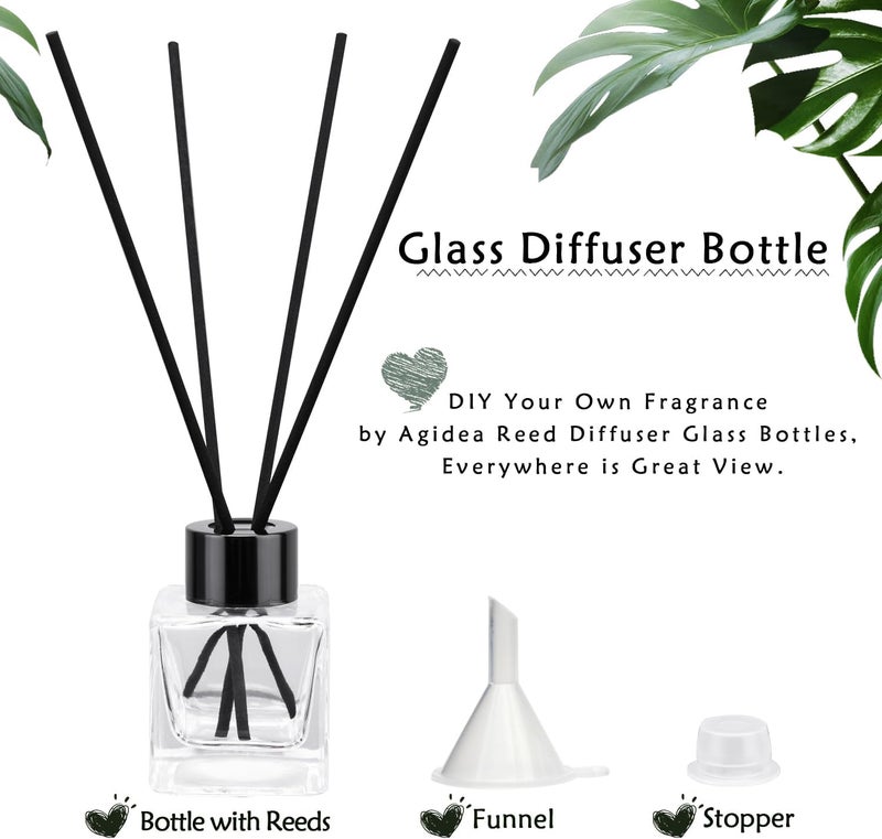 Agidea 4PCS Glass Diffuser Bottles, Refillable Diffuser Bottles Square Shape with 20pcs Reeds Sticks & Black Caps & Funnel, 2.75" High 50ml 1.7 fl oz. Diffuser Jars for Home Oil Fragrance Decoration - Image 2