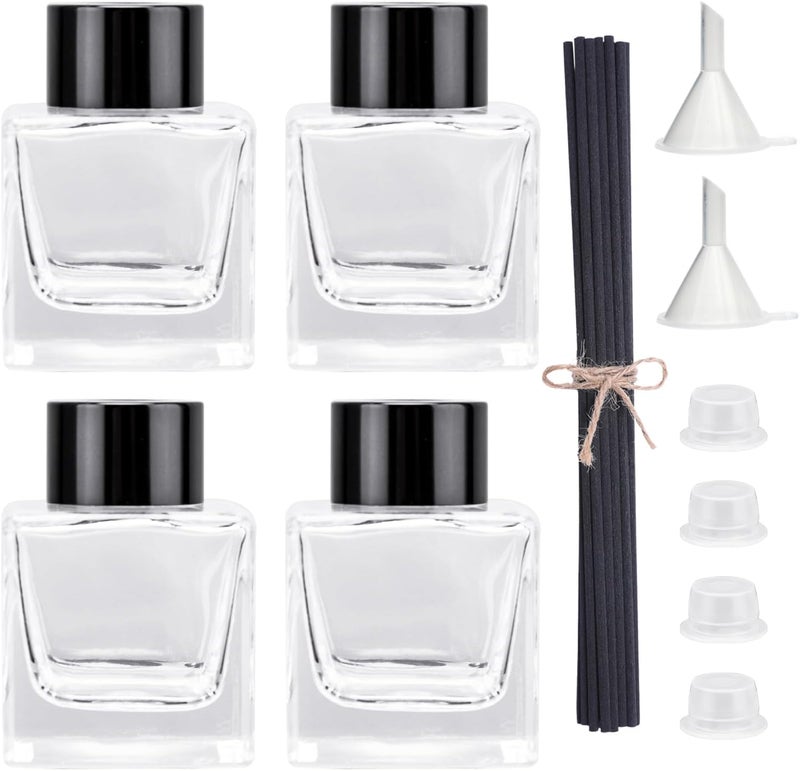 Agidea 4PCS Glass Diffuser Bottles, Refillable Diffuser Bottles Square Shape with 20pcs Reeds Sticks & Black Caps & Funnel, 2.75" High 50ml 1.7 fl oz. Diffuser Jars for Home Oil Fragrance Decoration - Image 1