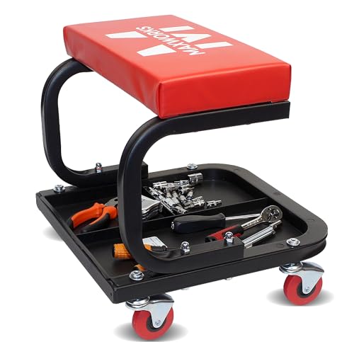 MaxWorks 50875 Mechanics Roller Seat, 250 LBS Capacity Padded Rolling Workshop Stool with Tool Tray Storage for Garage, Shop, Auto Repair - Image 2