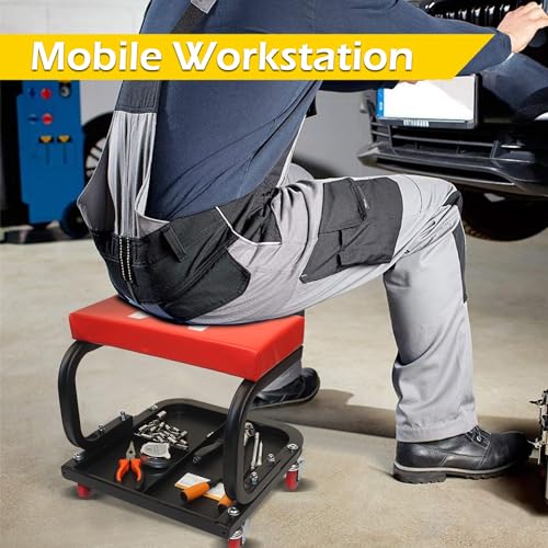 MaxWorks 50875 Mechanics Roller Seat, 250 LBS Capacity Padded Rolling Workshop Stool with Tool Tray Storage for Garage, Shop, Auto Repair - Image 3