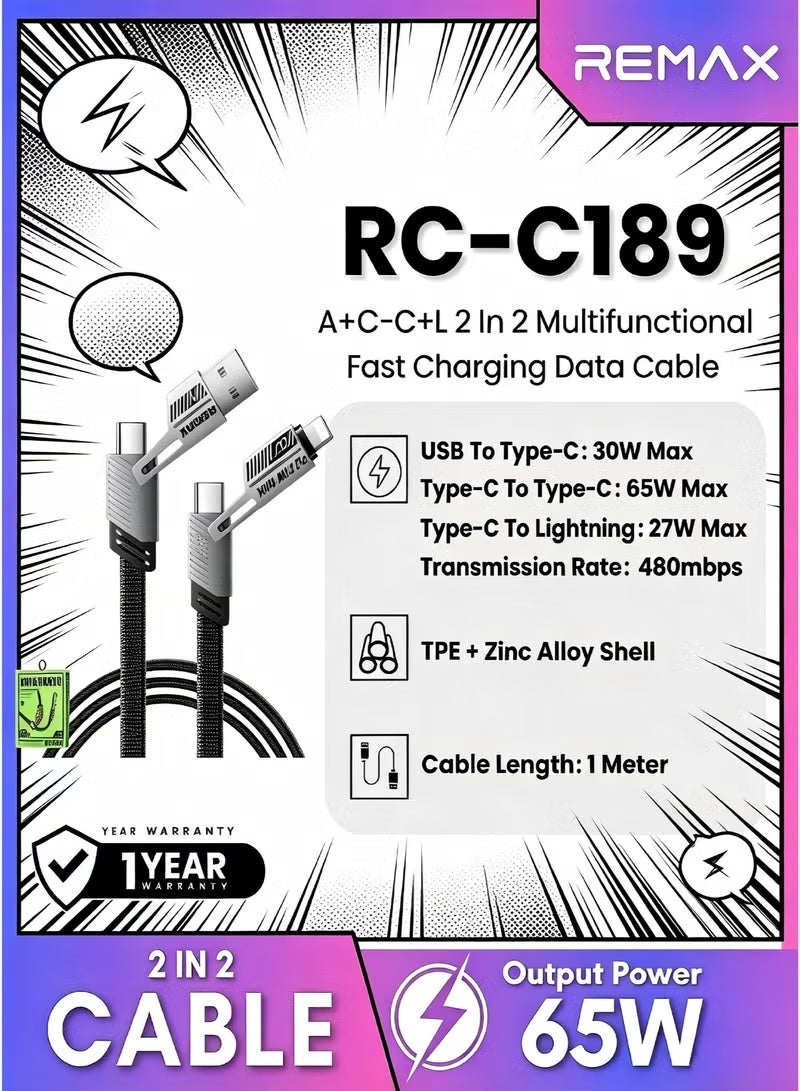 REMAX RC-C189 2-in-2 Fast Charging Data Cable, USB-A & USB-C to USB-C/Lightning, 65W Power Delivery Cable, Multi Connector Charging Cable, High Speed Data Transfer Cable, Durable Black - Image 2