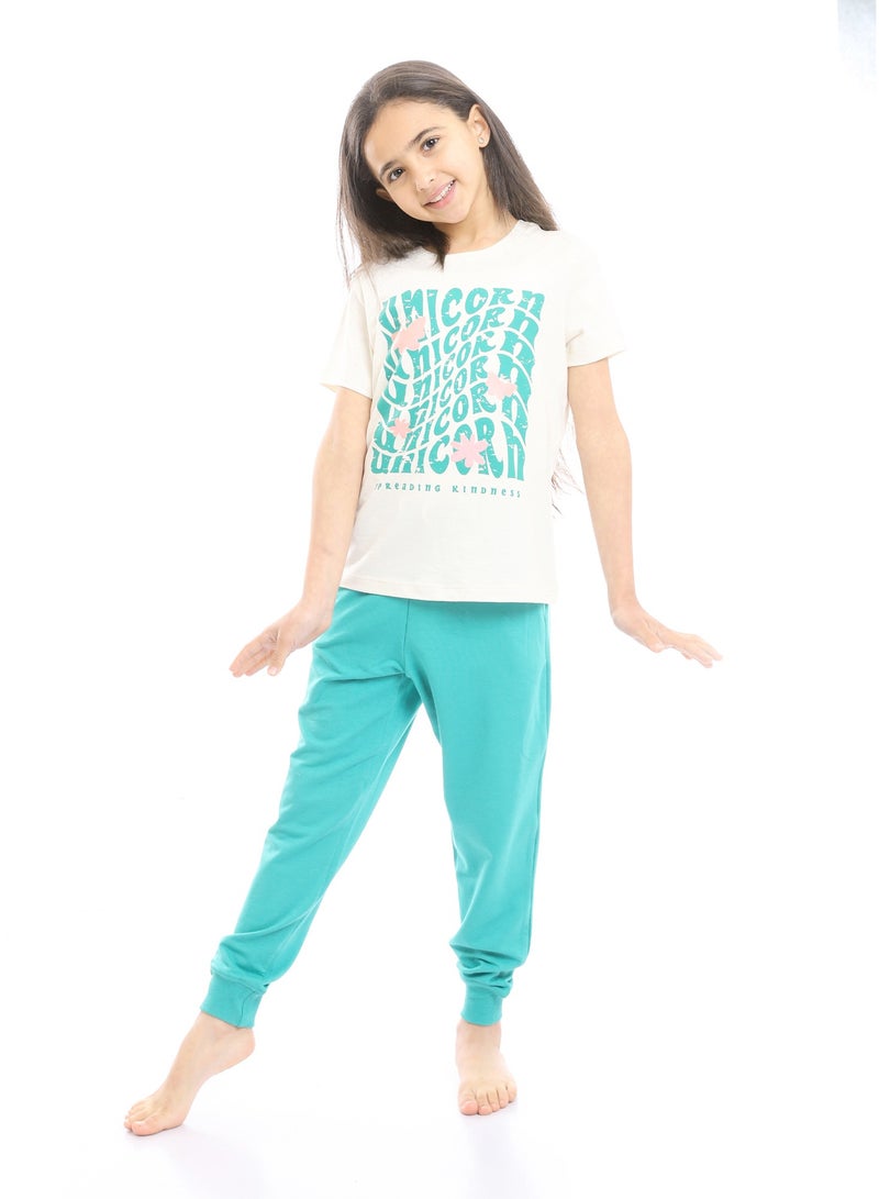 REDCOTTON Girls Beige Printed Unicorn Cotton Tee & Tiffany Pants Pajama Set  - Image 1