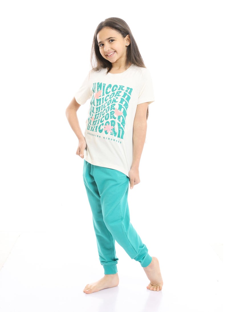 REDCOTTON Girls Beige Printed Unicorn Cotton Tee & Tiffany Pants Pajama Set  - Image 2