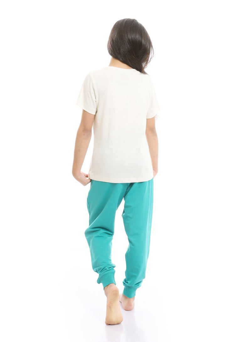 REDCOTTON Girls Beige Printed Unicorn Cotton Tee & Tiffany Pants Pajama Set  - Image 4