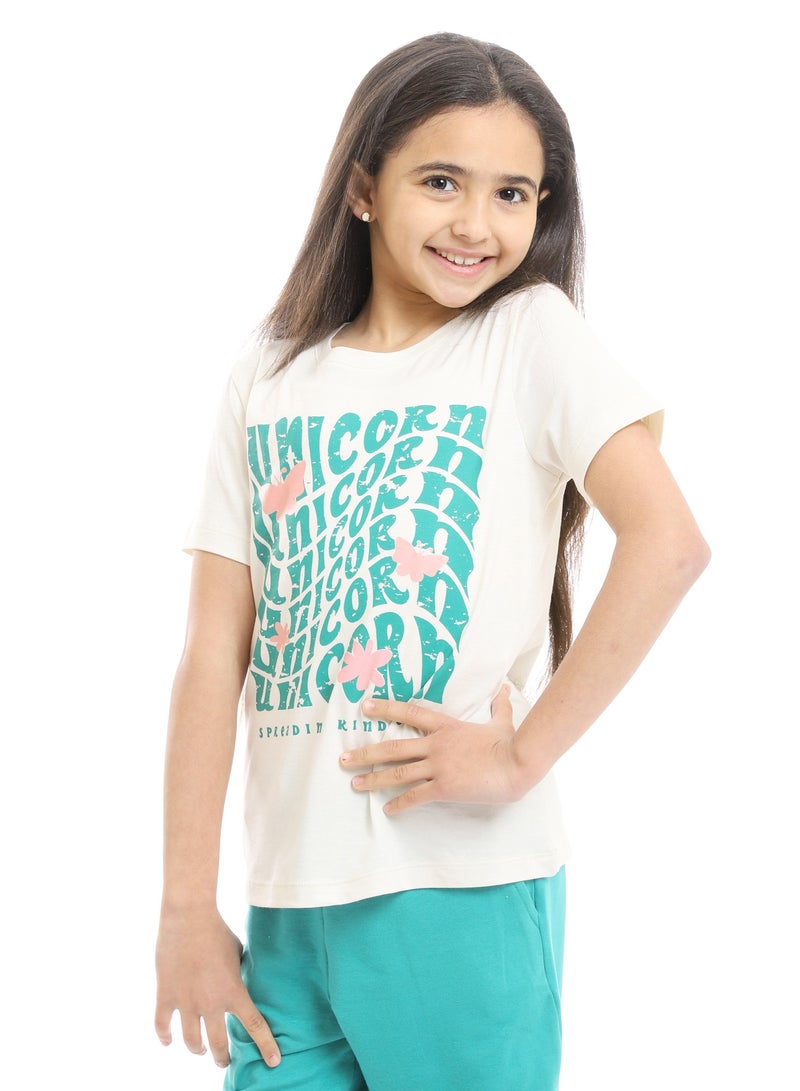 REDCOTTON Girls Beige Printed Unicorn Cotton Tee & Tiffany Pants Pajama Set  - Image 5