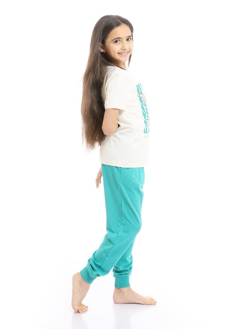 REDCOTTON Girls Beige Printed Unicorn Cotton Tee & Tiffany Pants Pajama Set  - Image 3
