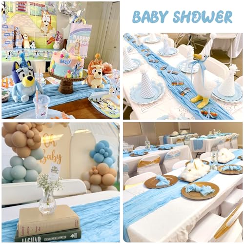 BLUETOP 3 Pack Baby Blue Cheesecloth Table Runner 35x120 Inch Boho Semi Sheer Boho Gauze Cheese Cloth Fabric Table Runners 10FT for Wedding Bridal Baby Shower Birthday Party Decor - Image 3
