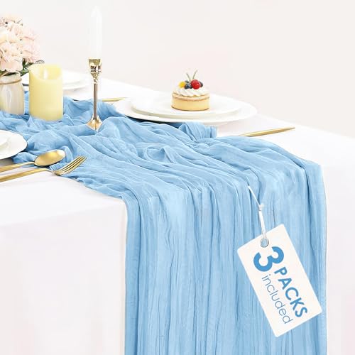 BLUETOP 3 Pack Baby Blue Cheesecloth Table Runner 35x120 Inch Boho Semi Sheer Boho Gauze Cheese Cloth Fabric Table Runners 10FT for Wedding Bridal Baby Shower Birthday Party Decor - Image 1