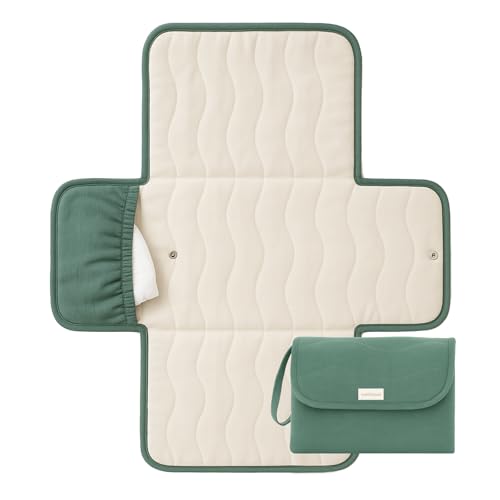 Toddlekind Mini Maven Portable Changing Pad Organic Cotton WaterResistant Polyester TravelFriendly Foldable Change Mat Forest Green Stripes with Wave Stitching Chic Durable Easy Clean - Image 1