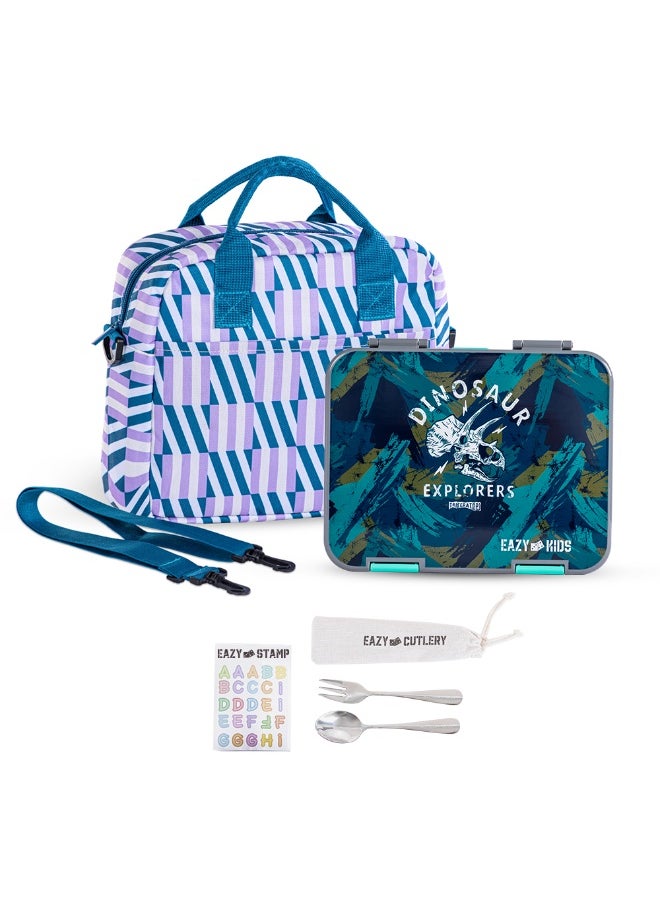Eazy Kids Eazy Kids 6 & 4 Convertible Bento Lunch Box w/ Lunch Bag, Steel Spoon & Fork Set and Alphabets Sticker - T-Rex Grey  - Image 1