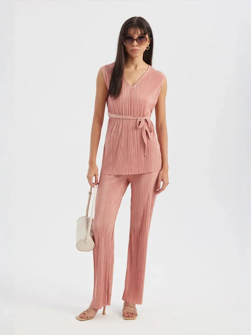 2 Pieces: V Neck Pleated Sleeveless Blouse with a Belt Detail & High Waist Pleated Palazzo Trousers