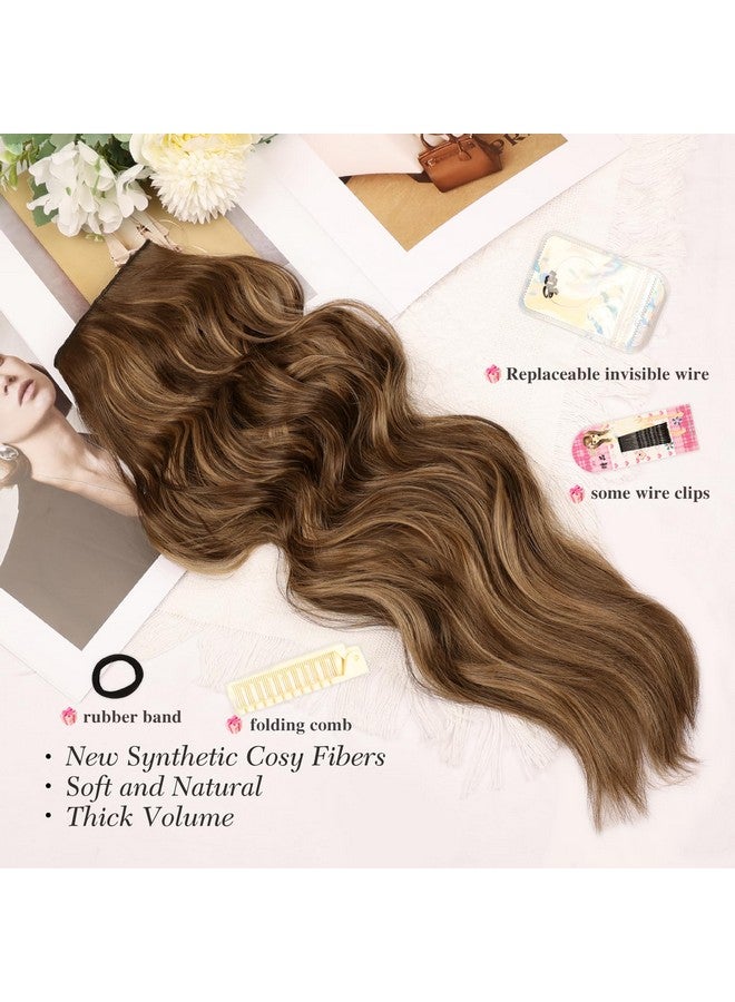 Invisible Wire Hair Extensions - 20 Inch Honey Blonde Mixed Light Brown Long Wavy Synthetic Hairpiece With Transparent Wire Adjustable Size, 4 Secure Clips For Women
