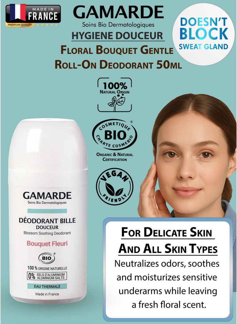 gamarde Floral Bouquet Gentle Roll-On Deodorant 50ml Certified Organic & Vegan Aluminum-Free, Odor Neutralizing, Soothing & Moisturizing with Aloe Vera & Organic Mallow For Delicate & Sensitive Skin Made in France - Image 1