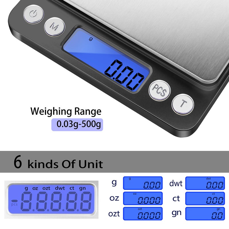 Fuzion Digital Gram Scale with 2 Trays, 500g/ 0.01g Small Jewelry Scale, 6 Units Gram Scales Digital Weight Gram and Oz, Tare Function Digital Herb Scale for Food, Mini Reptile - Image 3