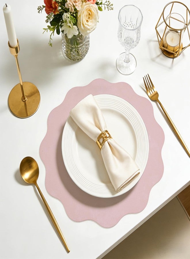 timecity Pink Placemats Set of 4 Faux Velvet Leather Place Mats Round Scalloped Flower Tablemats Washable Table Setting Kitchen Table Mats for Dining Table Holiday Wedding Decorative, 13.4 inch - Image 5
