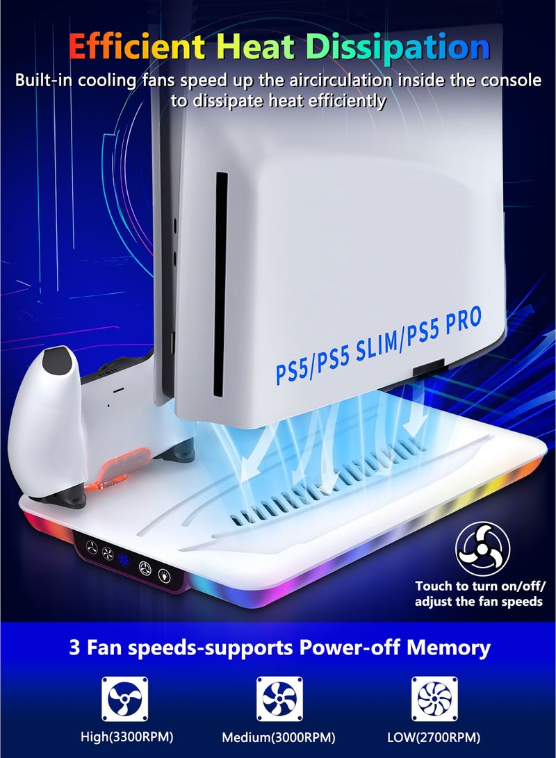 DOBE PS5 Pro/PS5/PS5 Slim Vertical Cooling Stand with 3-Speed Fan, Dual Controller Charging, Headset Holder, RGB Lighting – Compatible with PlayStation 5 - Image 3