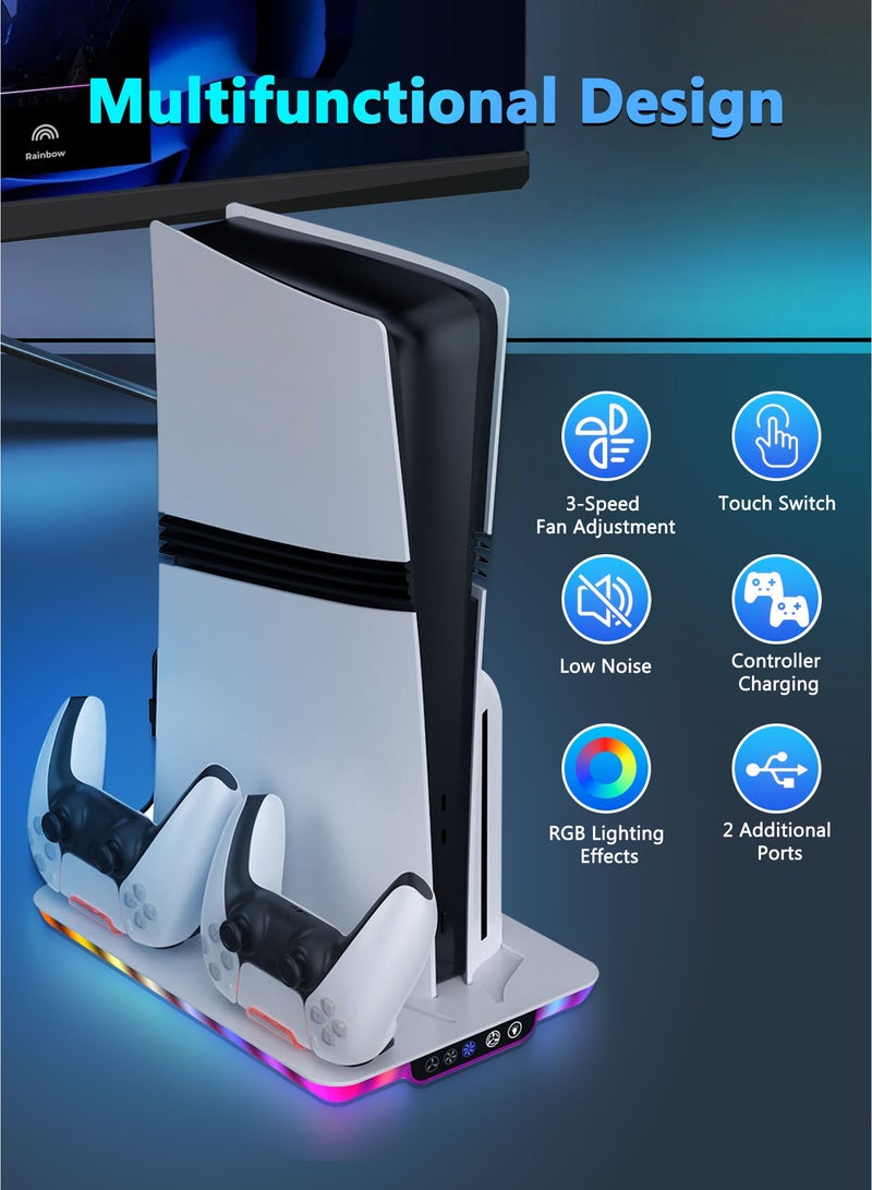 DOBE PS5 Pro/PS5/PS5 Slim Vertical Cooling Stand with 3-Speed Fan, Dual Controller Charging, Headset Holder, RGB Lighting – Compatible with PlayStation 5 - Image 5