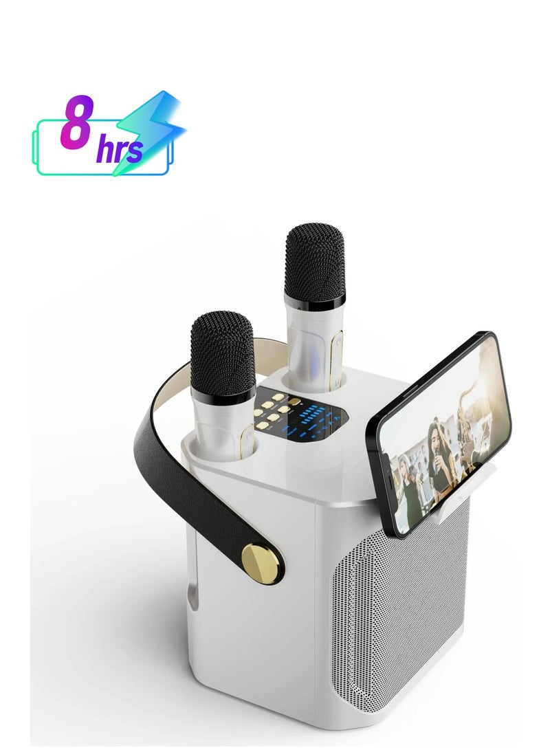 AROAQ مكبر صوت كاريوكي بلوتوث، جهاز كاريوكي صغير محمول قابل لإعادة الشحن مع ميكروفونين بلوتوث ولاسلكي، مكبر صوت لاسلكي مقاوم للماء بزاوية 360 درجة للحفلات الداخلية والخارجية، (أبيض) - Image 1