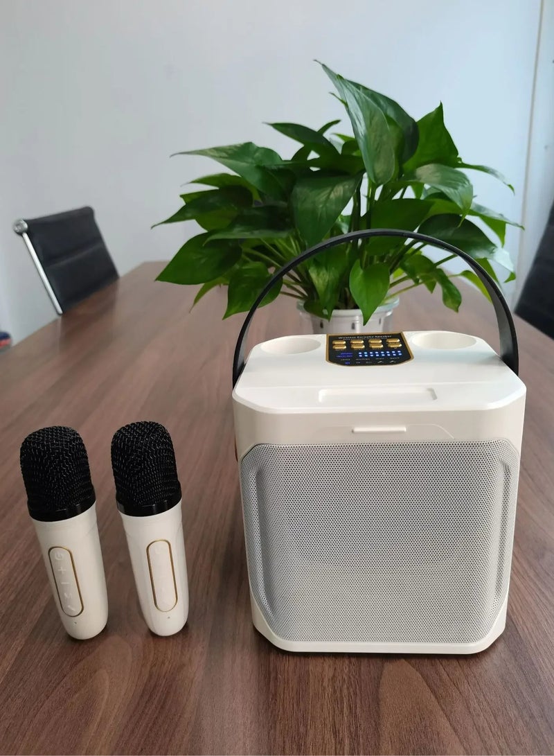 AROAQ مكبر صوت كاريوكي بلوتوث، جهاز كاريوكي صغير محمول قابل لإعادة الشحن مع ميكروفونين بلوتوث ولاسلكي، مكبر صوت لاسلكي مقاوم للماء بزاوية 360 درجة للحفلات الداخلية والخارجية، (أبيض) - Image 2
