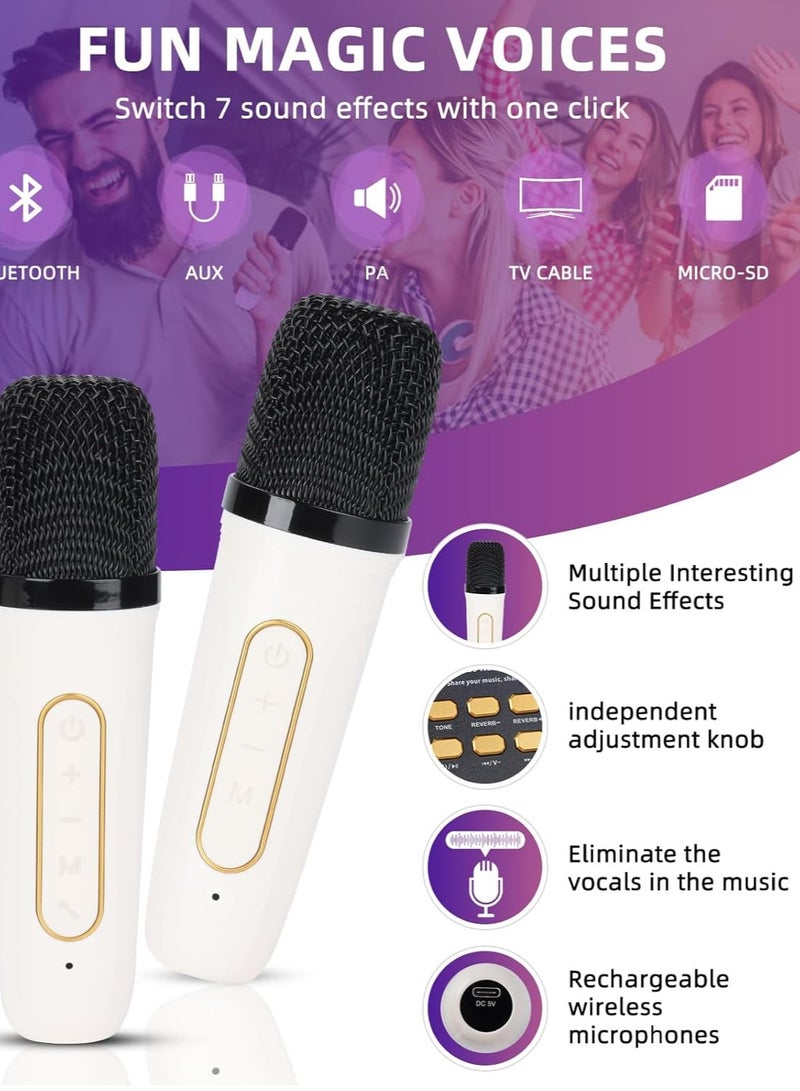 AROAQ مكبر صوت كاريوكي بلوتوث، جهاز كاريوكي صغير محمول قابل لإعادة الشحن مع ميكروفونين بلوتوث ولاسلكي، مكبر صوت لاسلكي مقاوم للماء بزاوية 360 درجة للحفلات الداخلية والخارجية، (أبيض) - Image 4