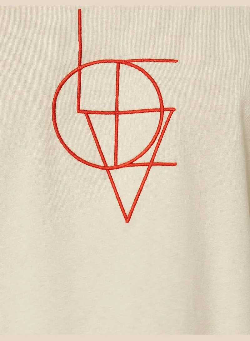 كوتون Geometric Embroidered T-Shirt Crew Neck Short Sleeve