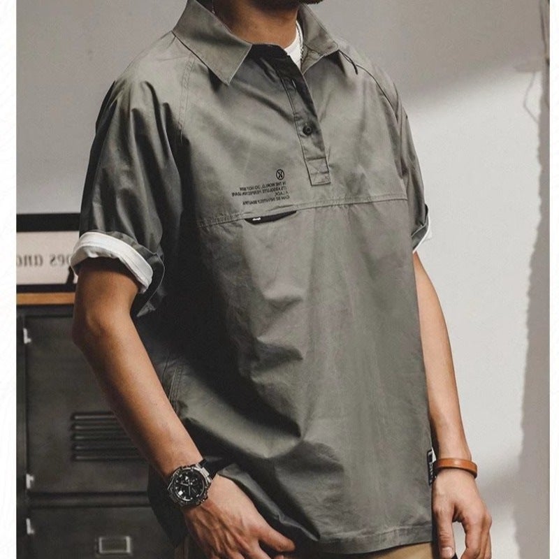 Wholesale Tooling Mens American Style Retro Short Sleeve Loose Uniform Collar Half Sleeve Casual Tooling Summer Ins Thin Outer Grey  - Image 1
