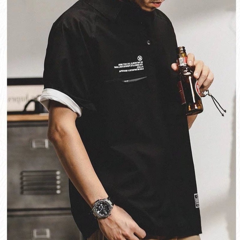 Wholesale Tooling Mens American Style Retro Short Sleeve Loose Uniform Collar Half Sleeve Casual Tooling Summer Ins Thin Outer Grey  - Image 3