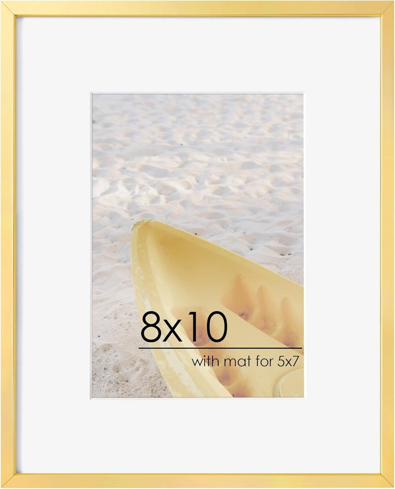 FLYJOE 8x10 Picture Frame - Metal Frame With Mat 5x7 | 8 x 10 Aluminum Photo Frame | Plexiglass And Hanging Hardware Included | Black 8x10 Picture Frame | Gold - Image 1