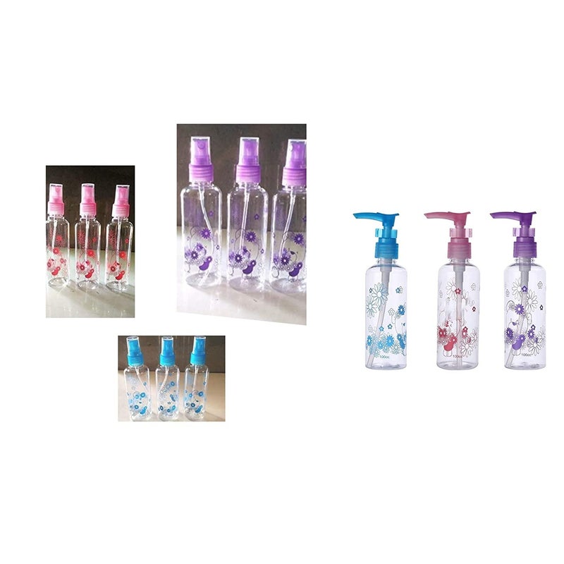 AISHU AISHU 100ml Empty Printed Bottle for Sanitizer/Lotion/Cream/Soap Dispenser (Multi Purpose) with Pump Action Lock - (Set of 4 Pcs: 2 with Lock Pump + 2 Simple Spray) - Color & Design May Vary  - Image 3