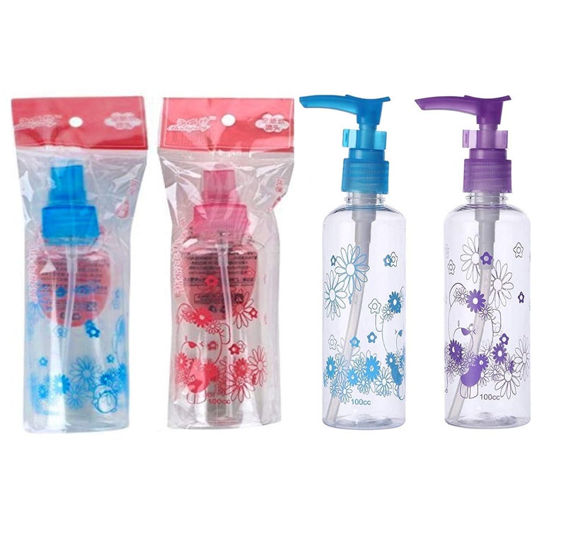 AISHU AISHU 100ml Empty Printed Bottle for Sanitizer/Lotion/Cream/Soap Dispenser (Multi Purpose) with Pump Action Lock - (Set of 4 Pcs: 2 with Lock Pump + 2 Simple Spray) - Color & Design May Vary  - Image 1