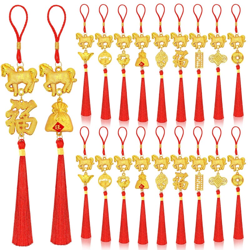JULMELON 18PCS Chinese New Year Decorations 2026 Year of The Horse Gold Feng Shui Hanging Pendants Chinese Knot Good Lucky Ornaments for Car Spring Festival Lunar New Year Wealth Fortune Success - Image 1
