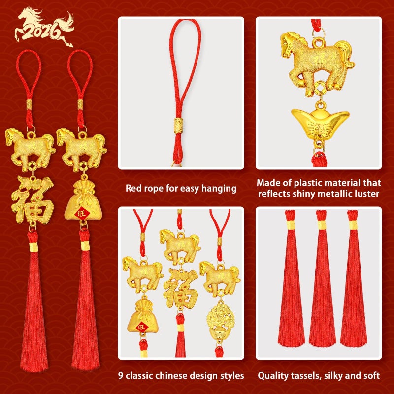 JULMELON 18PCS Chinese New Year Decorations 2026 Year of The Horse Gold Feng Shui Hanging Pendants Chinese Knot Good Lucky Ornaments for Car Spring Festival Lunar New Year Wealth Fortune Success - Image 3