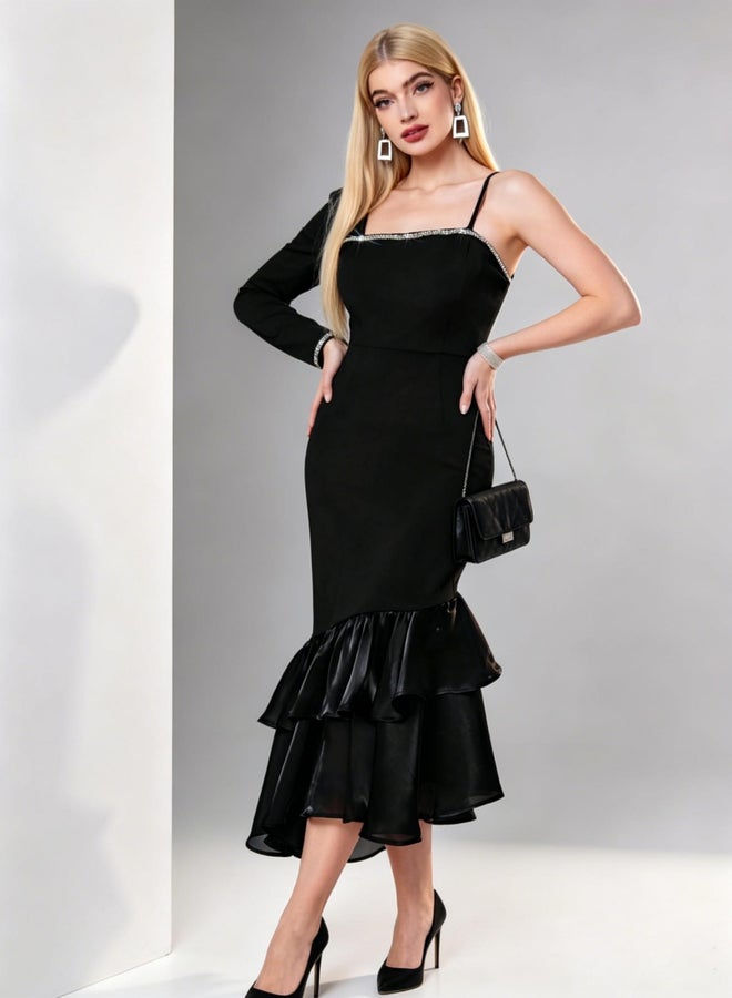 Take Two Black One Sleeve Ruffle Hem Bodycon Midi Dress - Image 1