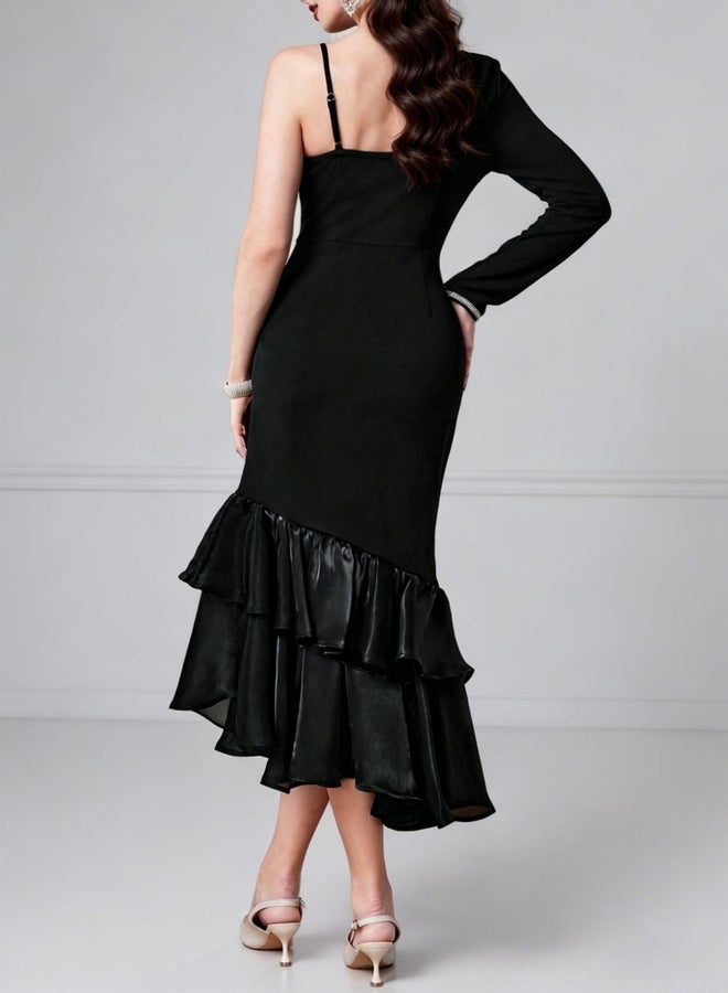Take Two Black One Sleeve Ruffle Hem Bodycon Midi Dress - Image 4
